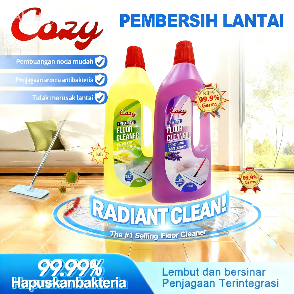 Cozy Floor Cleaner(1000ml)-Pembersihan berkesan 99.99%, Pencuci Lantai Berkilat ,Serai, lavender Cleanser