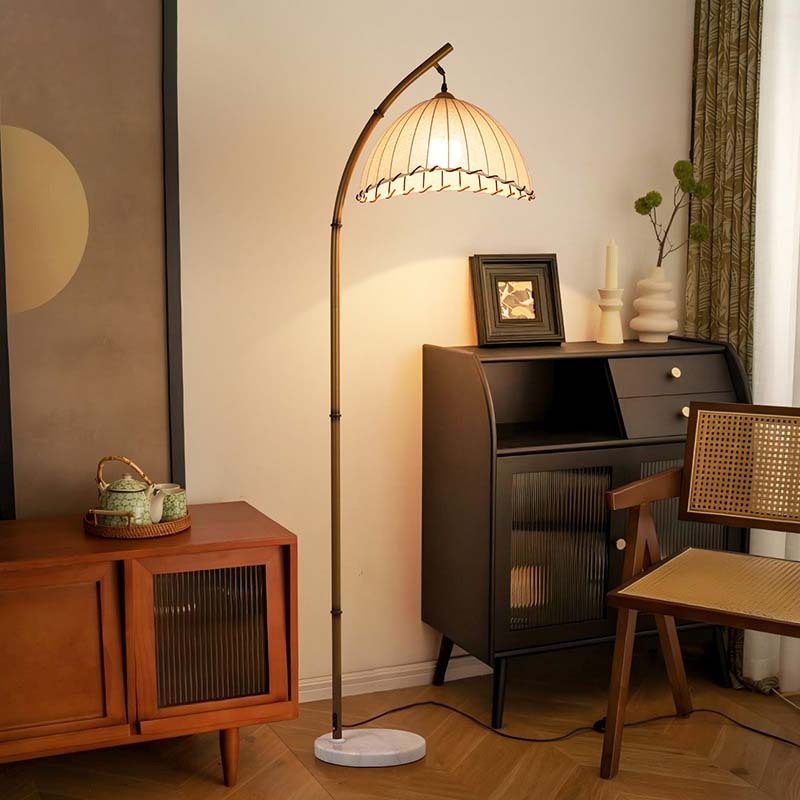 Retro Bamboo Floor Lamp - Unique Bohemian Hanging Arc Floor Lamp with Antique Rattan Style,Dimmable