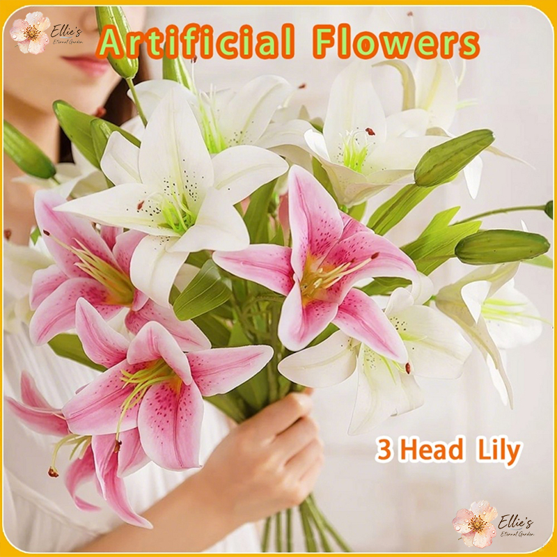 3Head Lily Artificial Flowers Fake Plastic Flower for Wedding Home Vase Decoration Flower Bouquet