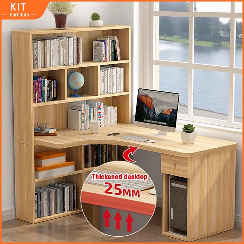 120/140CM Meja belajar Computer Study Table With Drawer Bookshelf Study Deck Home Office Study Desk Meja Komputer 电脑桌书桌