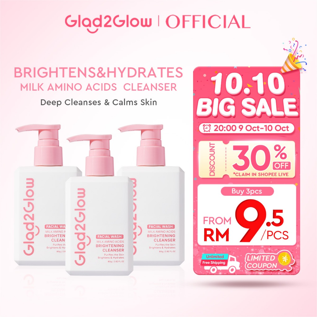 Glad2Glow Milk Amino Acid Gentle Cleanser Face Wash Brighten Hydrating pencuci muka skincare facial wash Oil Control