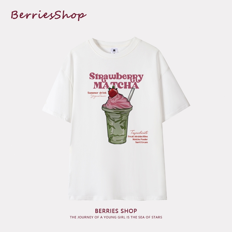 Korean version short sleeved top loose dessert strawberry ice cream printed summer women's T-shirt