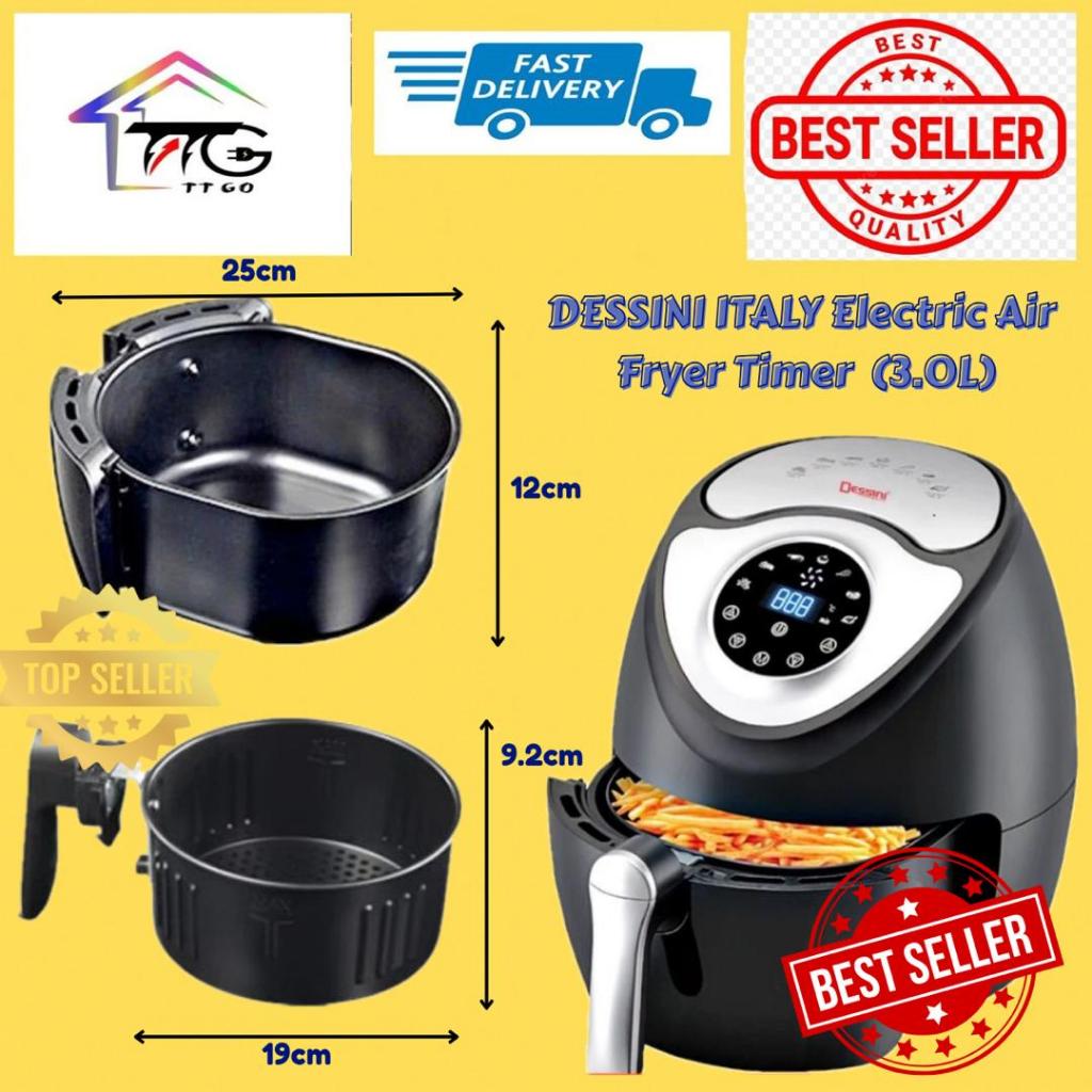 DESSINI ITALY Electric Air Fryer Timer Oven Cooker Non-Stick Fry Roast Grill Bake Machine (3.0L)