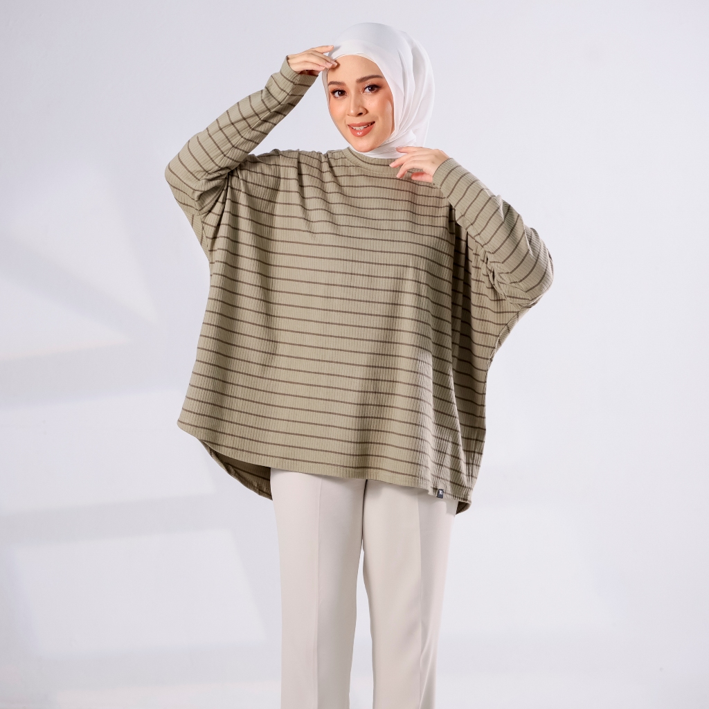 MODA111 NARA Batwing Baggy Striped Ironless Top Cotton Rib Wanita Plus Size Blouse Women
