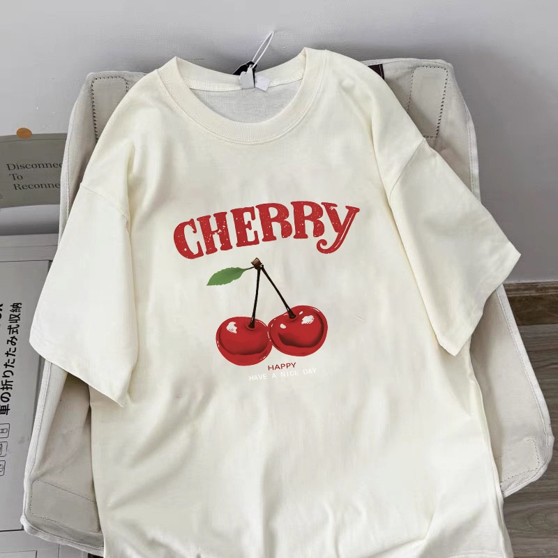 Amerika style women clothing | Oversized Crew Neck T-shirt 100% cotton | cherry print  stylish casual tops y2k