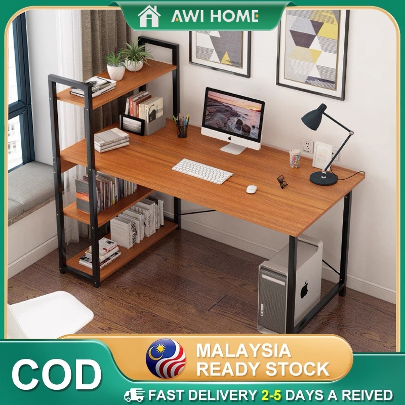 【AWI HOME】120cm Modern Computer Desk Study Deck Writing Desk Office Table With Book Shelf 4 Tiers Book desk