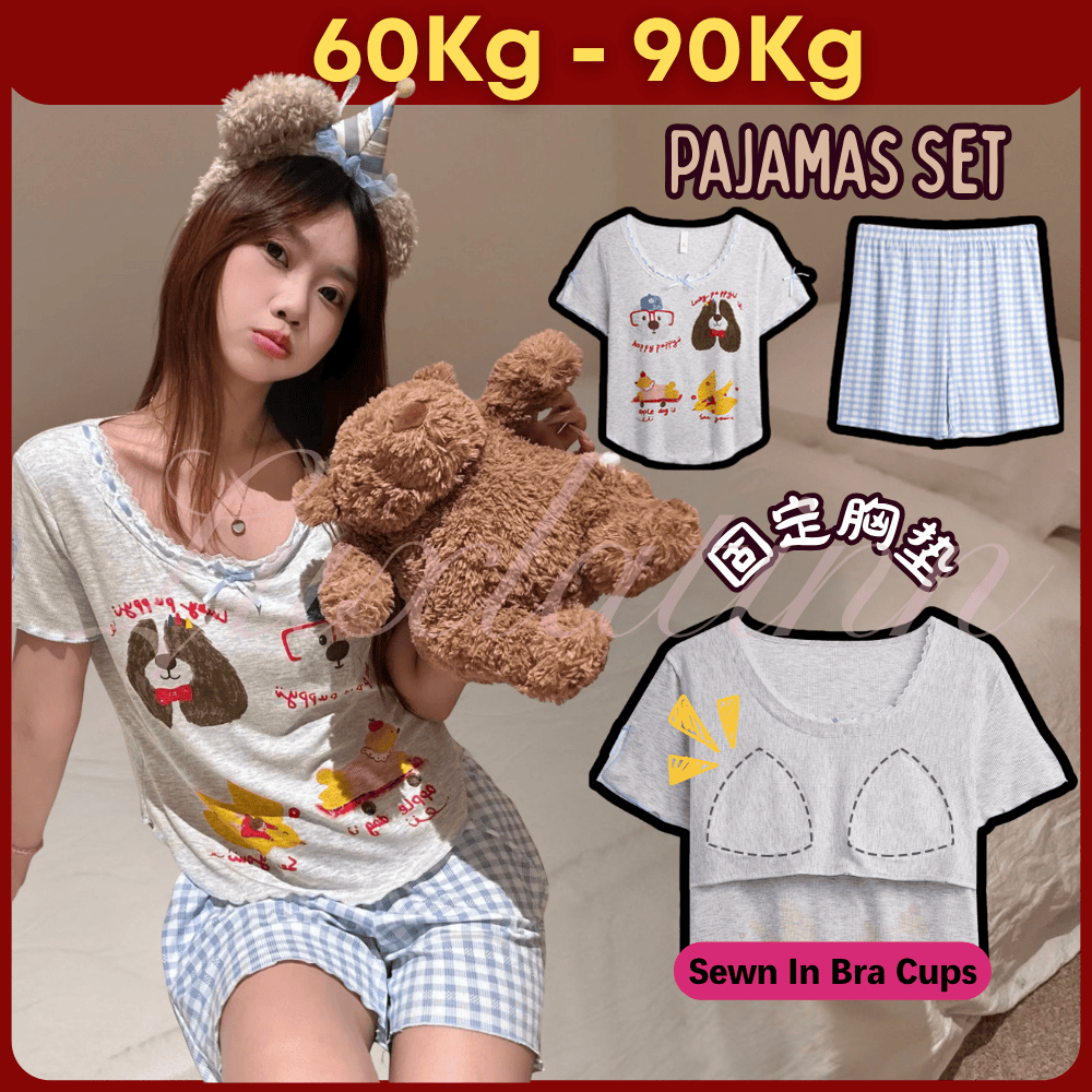 Pyjamas Women Sleepwear Woman Pyjama Plus Size Nightwear Baju Tidur Set Baju Tidur Perempuan Plus Size 胸墊睡衣 大码睡衣 PJ027