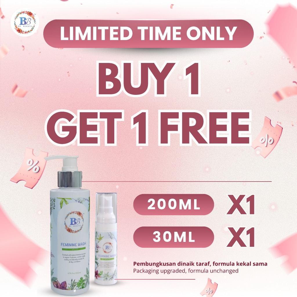 BB BE BEAUTE Feminine Wash Herbal 200ml / 30ml (New Packaging) – Kacip Fatimah & Manjakani, pH 3.5 – Pencuci Wanita Lemb