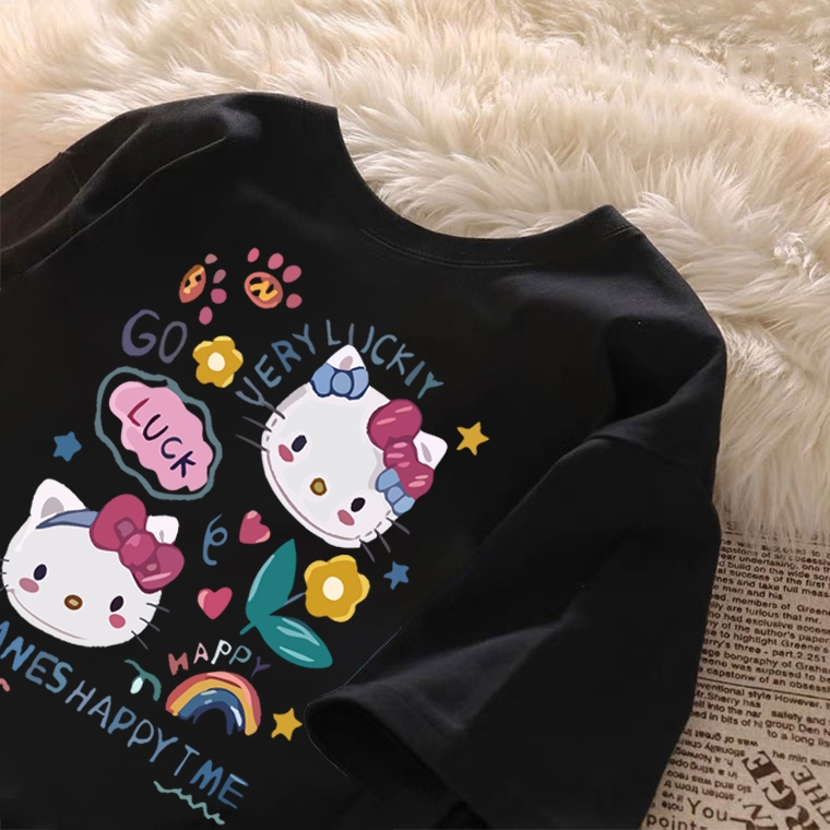 kumikumi Korean cute aesthetic shirt round neck T-shirt for women oversized Hello Kitty print