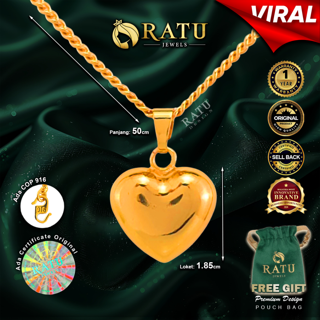Rantai Leher (8.28g) Emas RATU Shinning Love + Halus 50cm Daily Wear Plated Necklaces Jewelry (27RJ)