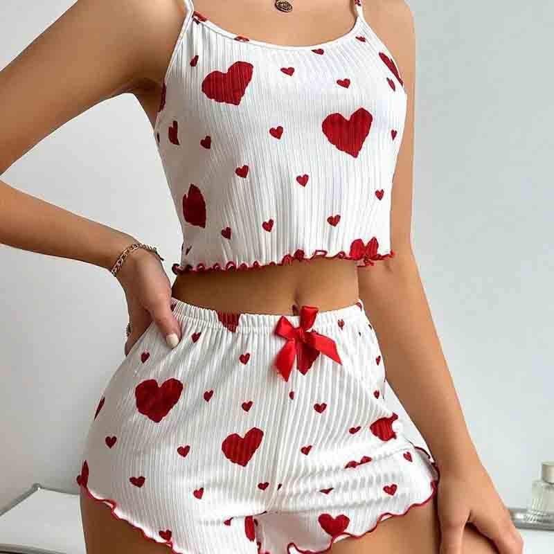 Pit Striped Heart Printed Pajamas Sweet Camisole Shorts 2-piece Set Sexy Pajamas Women GA