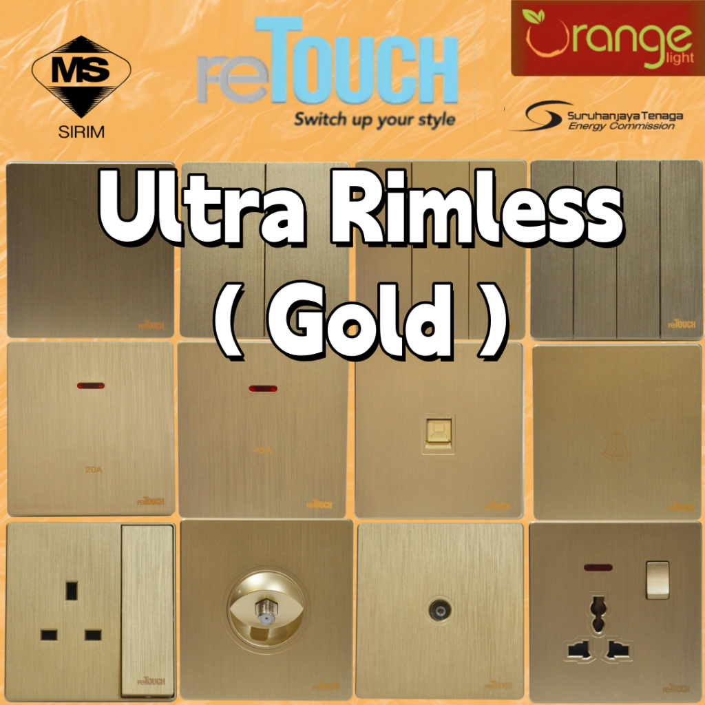 [SIRIM] Retouch Ultra Rimless Switch Socket and Wall Switches Slim Modern Design 13A 15A 20A (Gold)