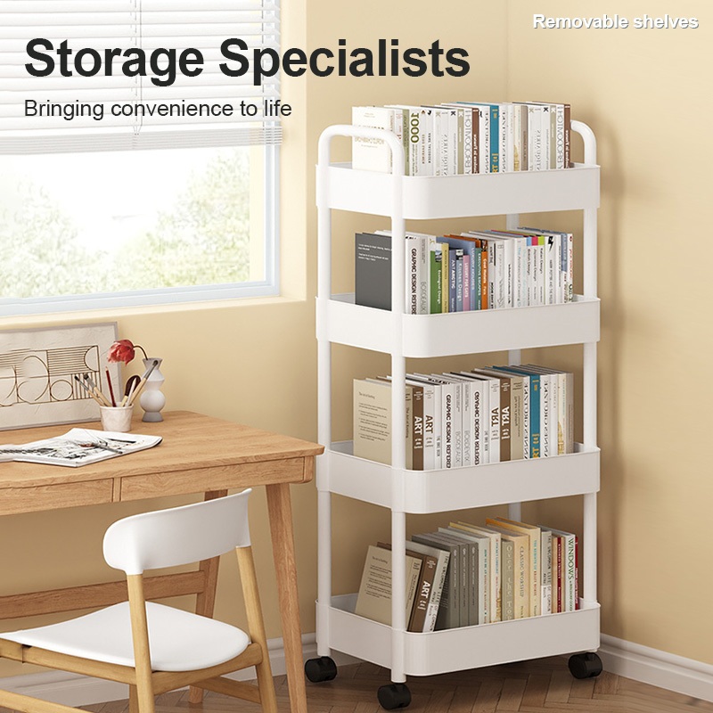 Portable storage rack with wheels, 2-5 tiers available, suitable for home use in kitchens, bedrooms, and offices.