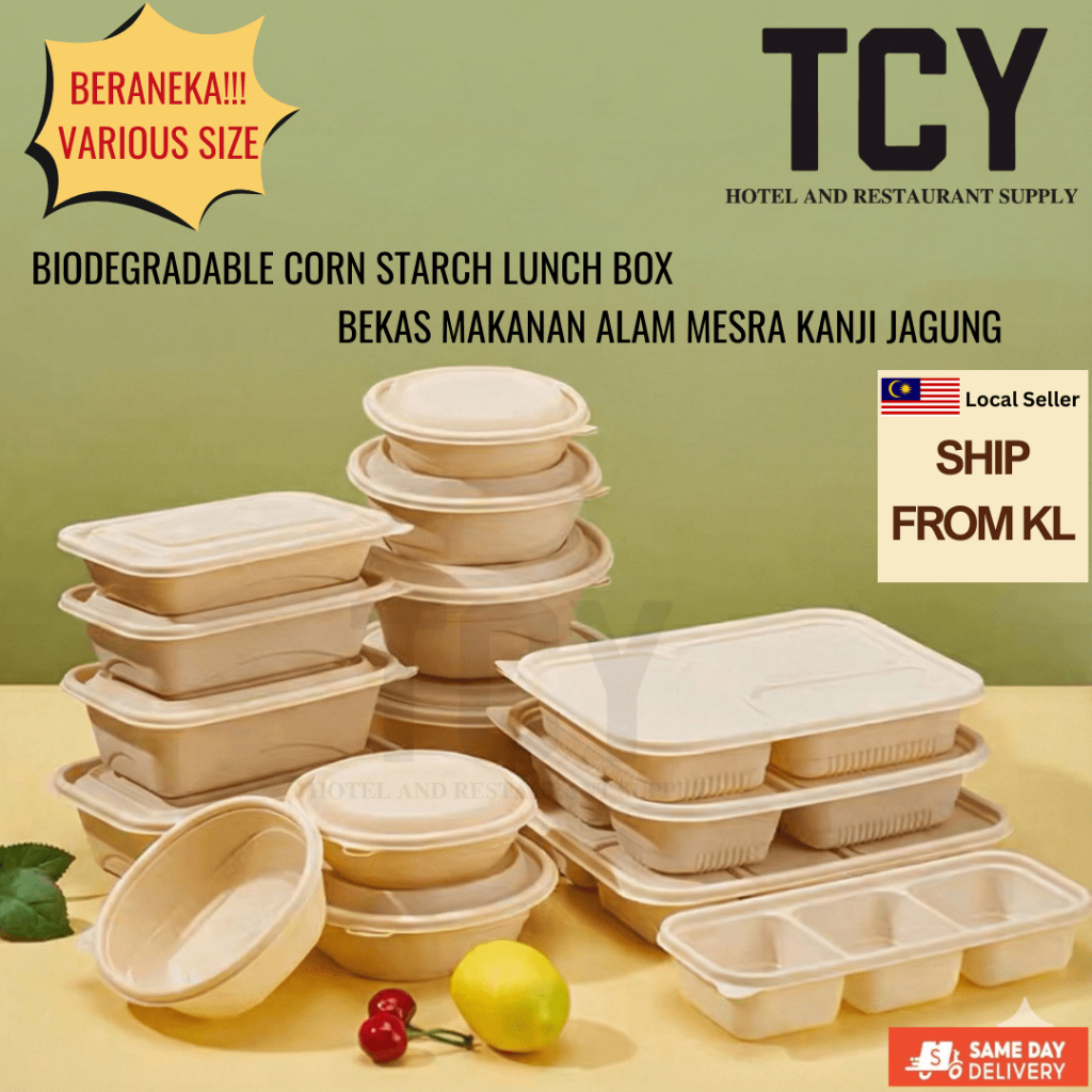 TCY Corn Starch Eco-friendly SINGLE pcs Lunch Box with lid 玉米淀粉餐盒KL Ready Stock Bekas Makanan Kanji Jagung