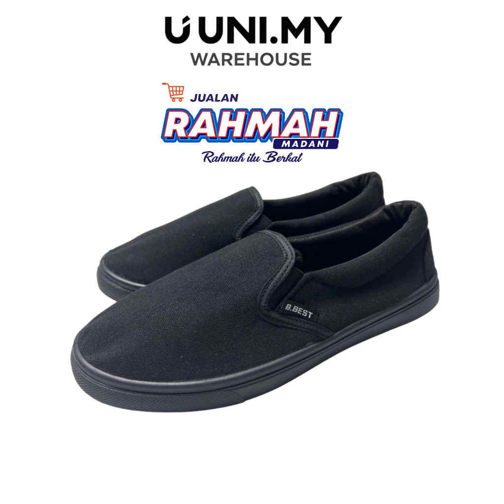 JUALAN RAHMAH Unisex School Black Shoes Slip On Canvas Kasut Sekolah Hitam Sarung