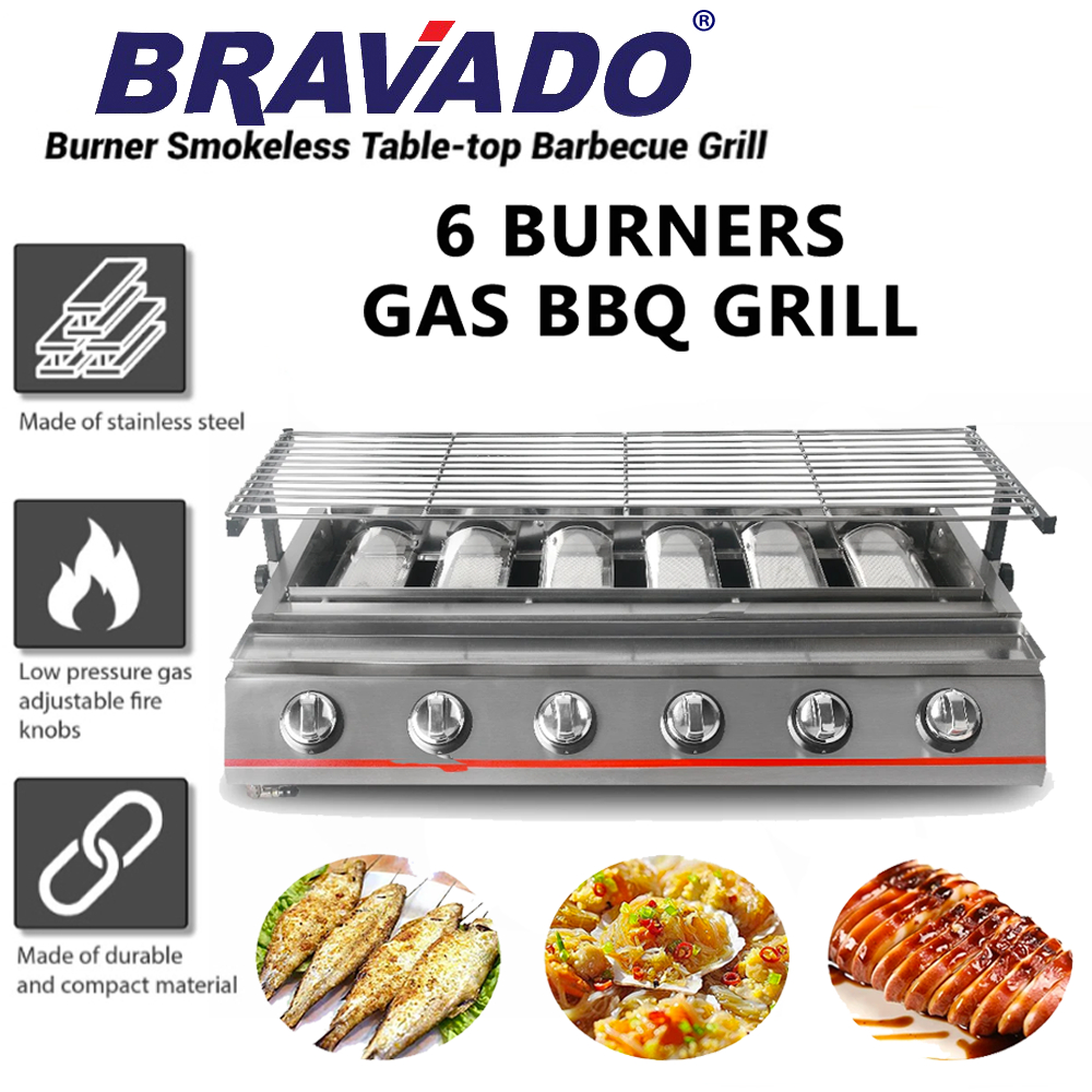 BRAVADO/APACHE Stainless Steel Commercial Gas BBQ Grill Stove 4/6 BURNER kambing Satey Otak-otak pemanggang GAS LPG