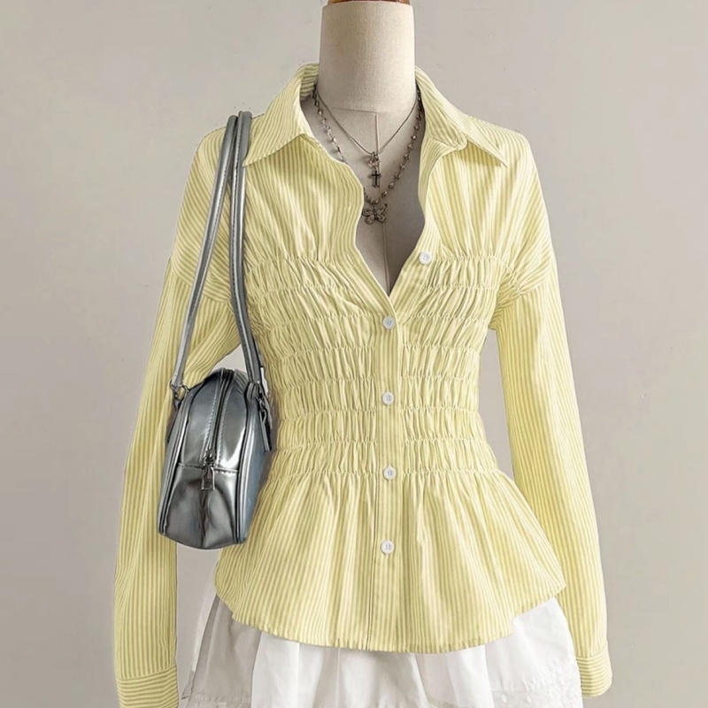 Slim fit waist revealing yellow and white striped shirt for women 2025 new style French spicy girl style waist cinched p