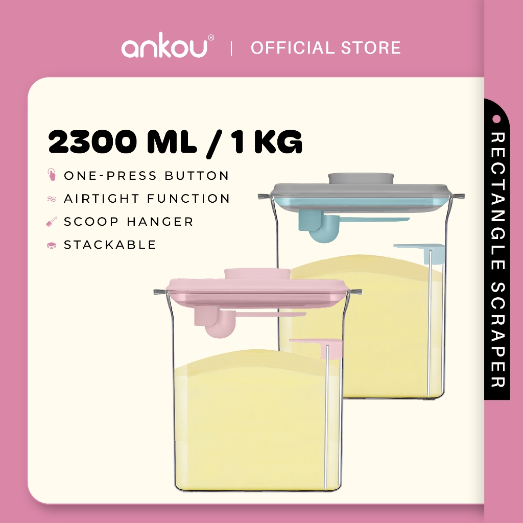 ANKOU Bekas Susu Kedap Udara Segi Empat & Pengikis (2300ml) - Rectangle Scraper Airtight Milk Powder Container