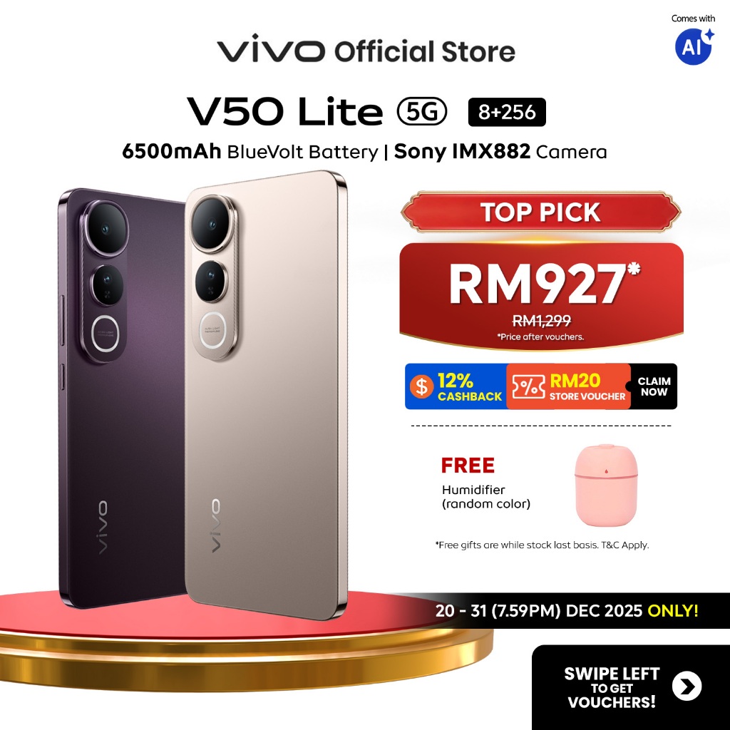 [Online Exclusive] vivo V50 Lite 5G (8+8)GB+256GB 6500mAh+90W IP65+IP69 5-Year Battery Health Sony IMX882 Camera AI