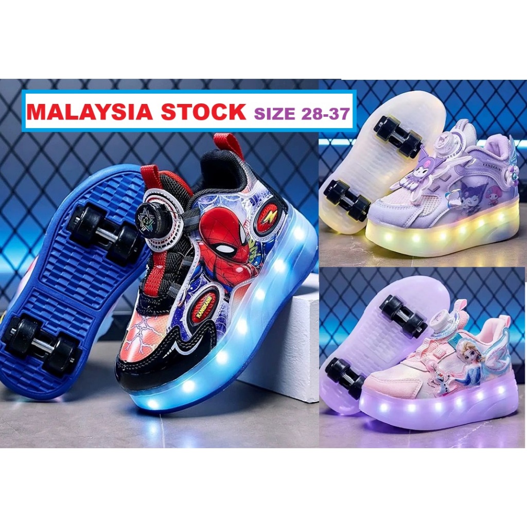 Kuromi Frozen Spiderman Roda Kasut Shoes Wheels Luminous Glowing Sneakers LED Light Roller Skate Shoes