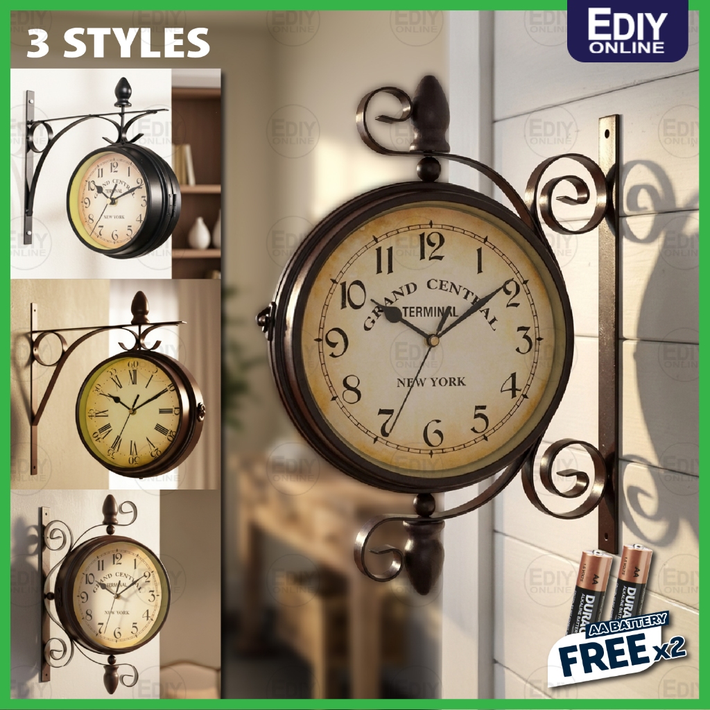 Wall Industrial Double-sided Antique Clock Iron Hanging Retro Bracket Garden Station Cafe 360° Rotating Indoor Outdoor