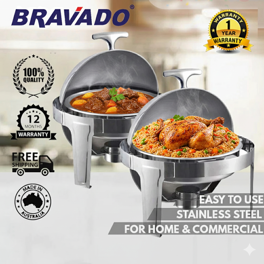 🔥BEST OFFER🔥BRAVADO STAINLESS STEEL BUFFET ROUND ROLL TOP CHAFING DISH BUFFET SET CATERING SET BERKAS LAUK FOOD PAN DOME