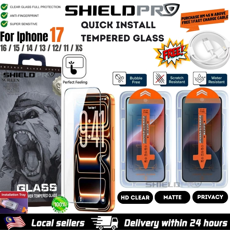 QUICK installation Tempered Glass iPhone 17 Pro max 16 AIR 17e 16E 15 plus 14 13 12 11 X XR screen protector Full Clear