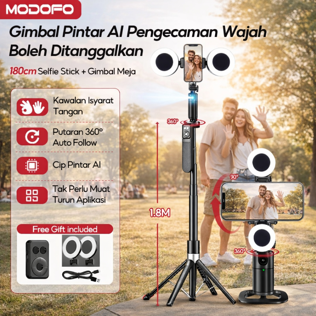 MODOFO Selfie Stick Tripod AI Pengesan Wajah Boleh tripod 360 rotation auto for Vlog Live Content creation 1.8M