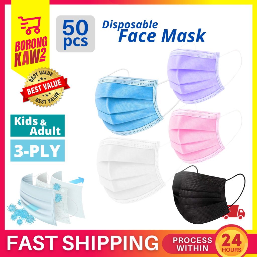50pcs 3-PLY Disposable Face Mask 3 Layer Elastic Mouth Soft Breathable Flu Hygiene Topeng Muka ( Adult / Kids ) 口罩
