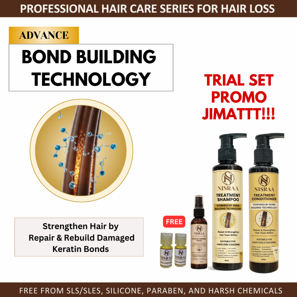 NISRAA TRIAL SET : ANTI HAIR LOSS SHAMPOO, CONDITIONER,  UNTUK RAMBUT GUGUR, KELEMUMUR, BERCABANG.