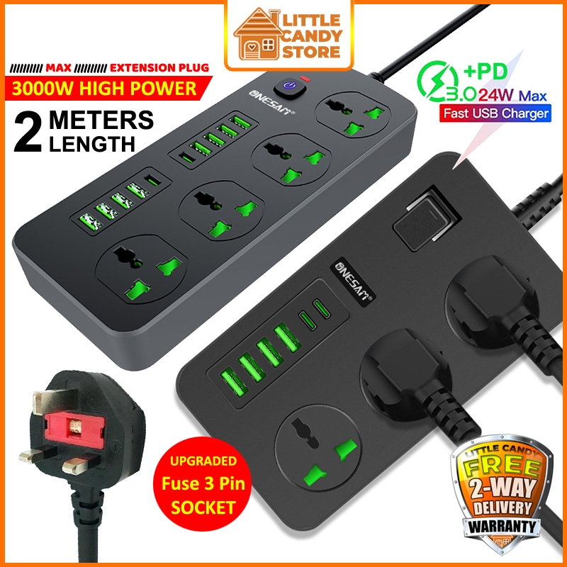 2M~5M Power Socket Extension Plug Quick Charge PD Charger 3000W Universal AC Power Adapter Surge Protector Plug with USB