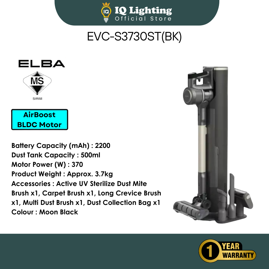 AIRGLIDE PRO Cordless Stick Vacuum EVC-S3730ST(BK) - 3.0L Insta Clean Hub Dust Seal Filtration Techn