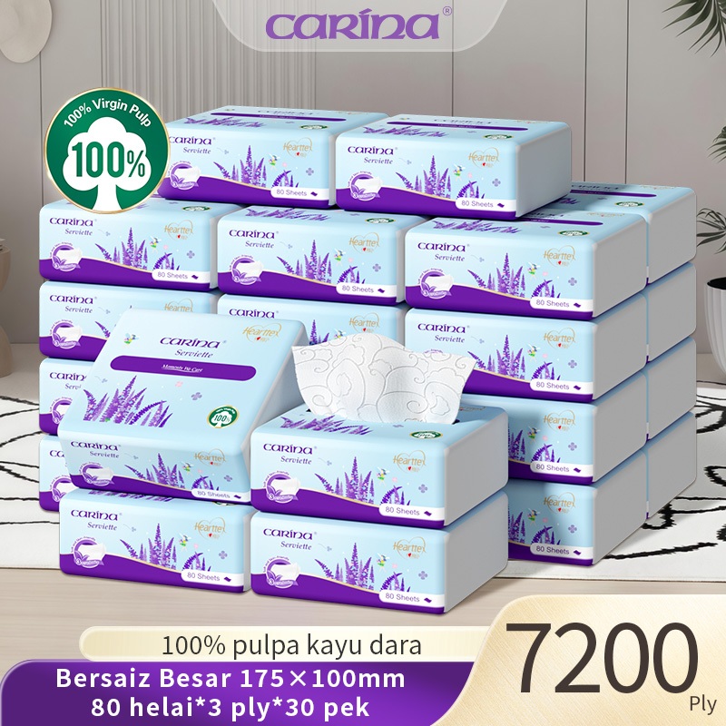 【30 Pek 】Carina Deluxe Soft Facial Tissue 3Ply 80Pulls Thick Gentle Non-Fluorescent Tisu Paper 7200S