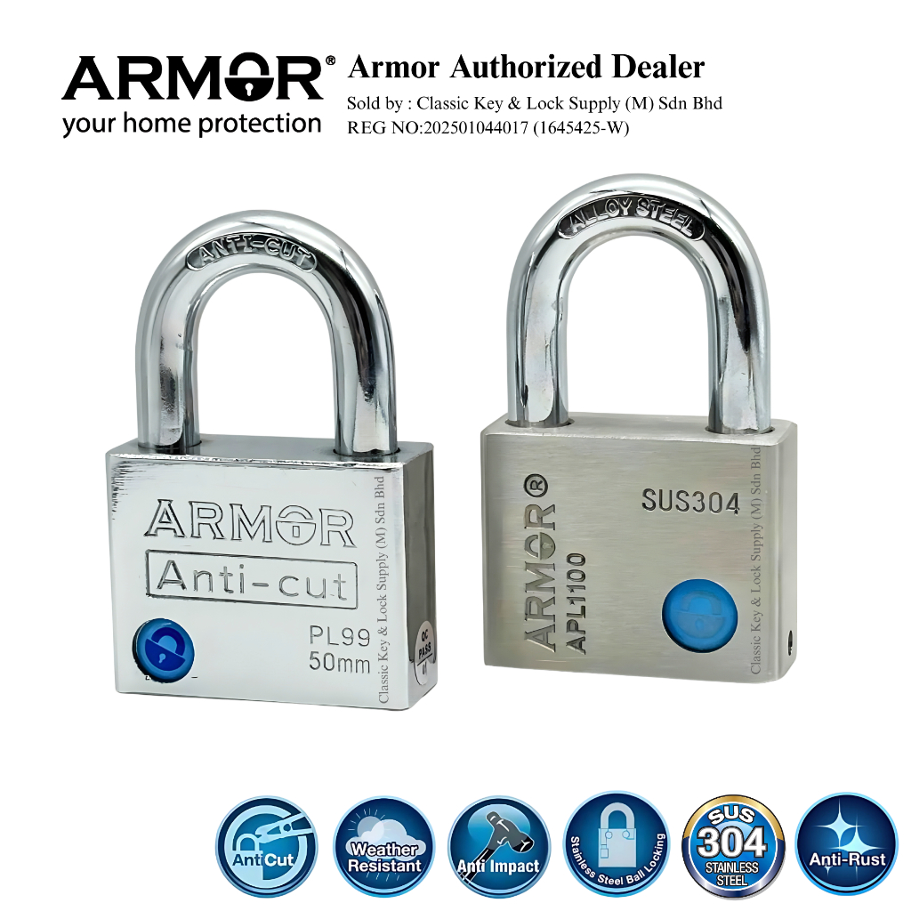 ARMOR Padlock Anti Cut APL-99 Hardened Steel APL-1100 Stainless Steel SUS304 Body Size 50mm