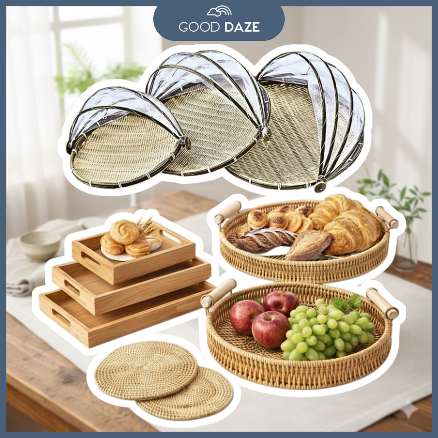 Hand-Woven Rattan Basket Storage Rattan Tray Wicker Basket Handmade rattan Multipurpose Wood Tray