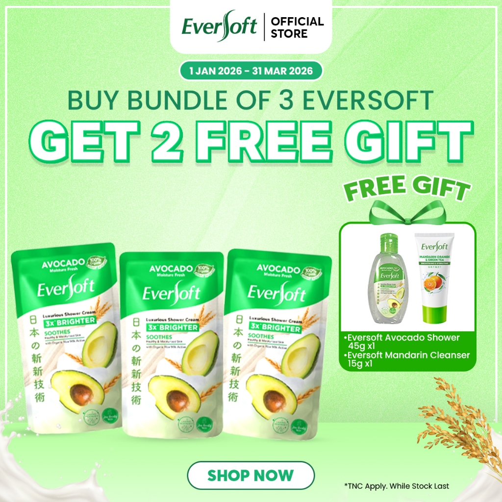 [Bundle of 3] Eversoft Shower Cream Pouch 550g | Avocado Cherry Blossom Rosehip Citrus Yuzu Organic Rice Milk
