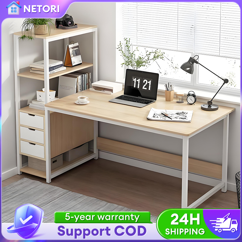 Computer Table Meja belajar Bookshelf Study Table With Side Bookshelves Multipurpose Table Office Desk With Drawer电脑桌