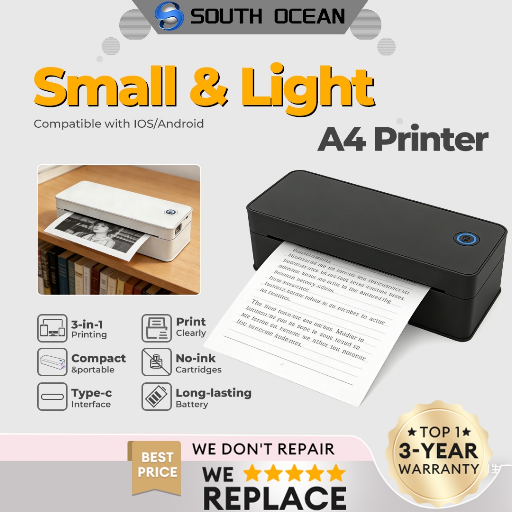 South Ocean Portable A4 Thermal Printer Bluetooth Photos PDF Document Printing Machine 3 Paper Types For Office Work