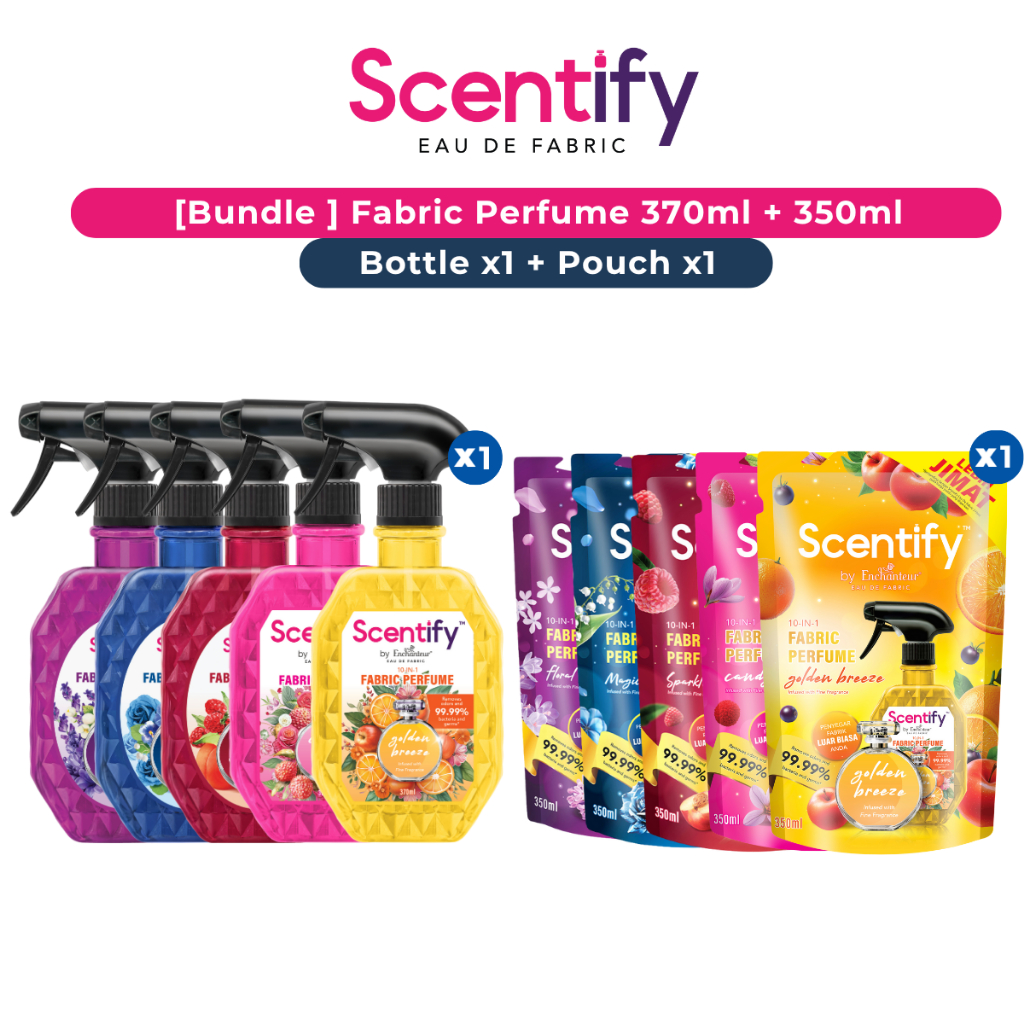 Scentify Eau De Fabric Perfume Bottle 370ml + Pouch 350ml Magical Clouds Sparkling Fruité Floral Symphony Air Freshener