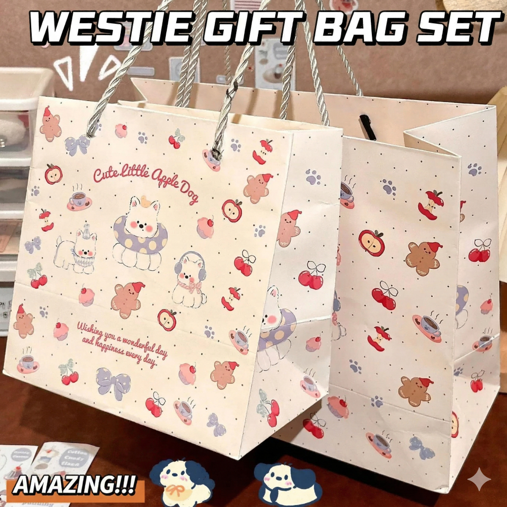 Cute Westie Dog Gift Paper Bag Apple Pattern Thick Card Paper Rope Handle 3 Sizes Kids Birthday Party Doorgift Goodies