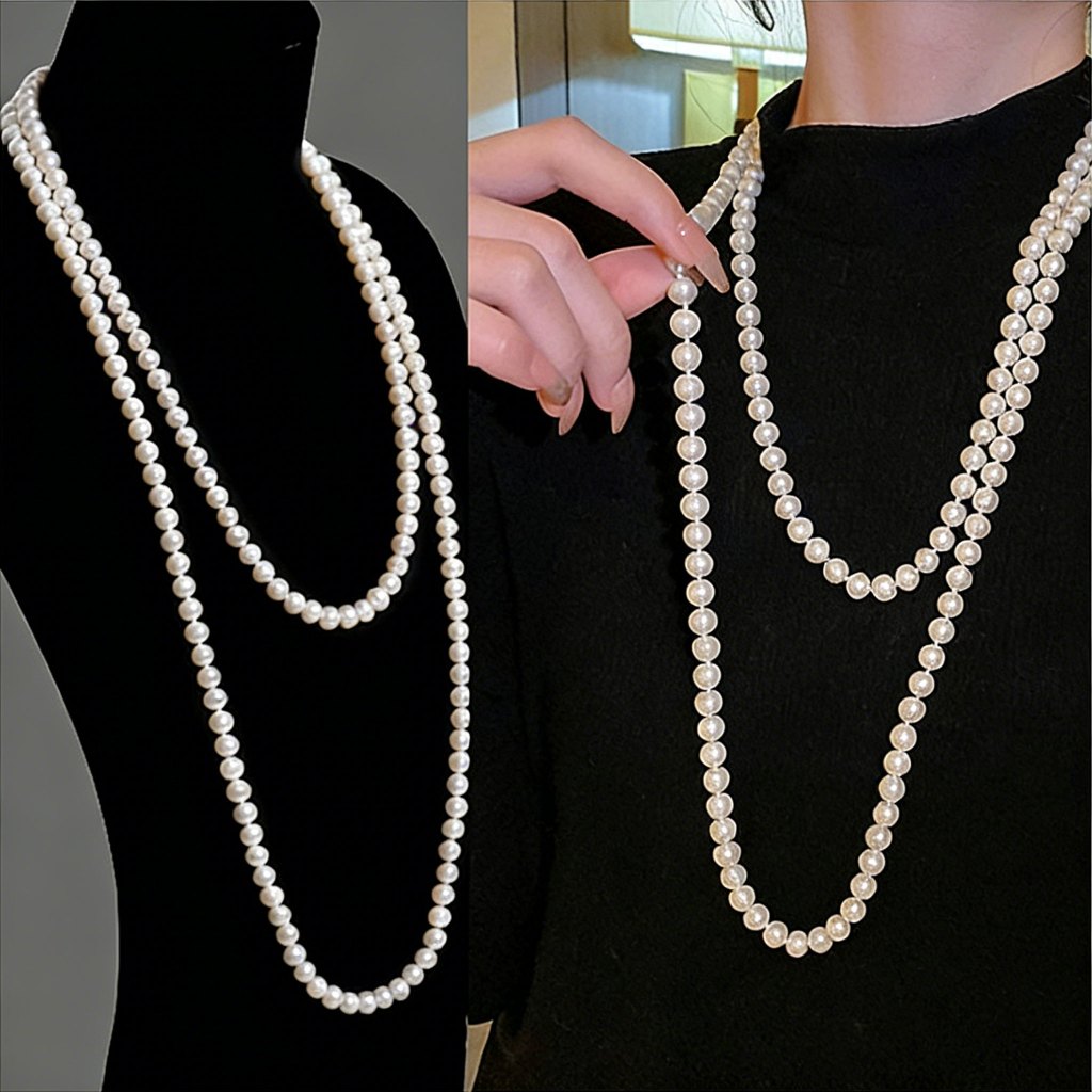 150cm Trendy Long Pearl Necklace Women Elegant White Pearl Necklace Simple Sweater Chain
