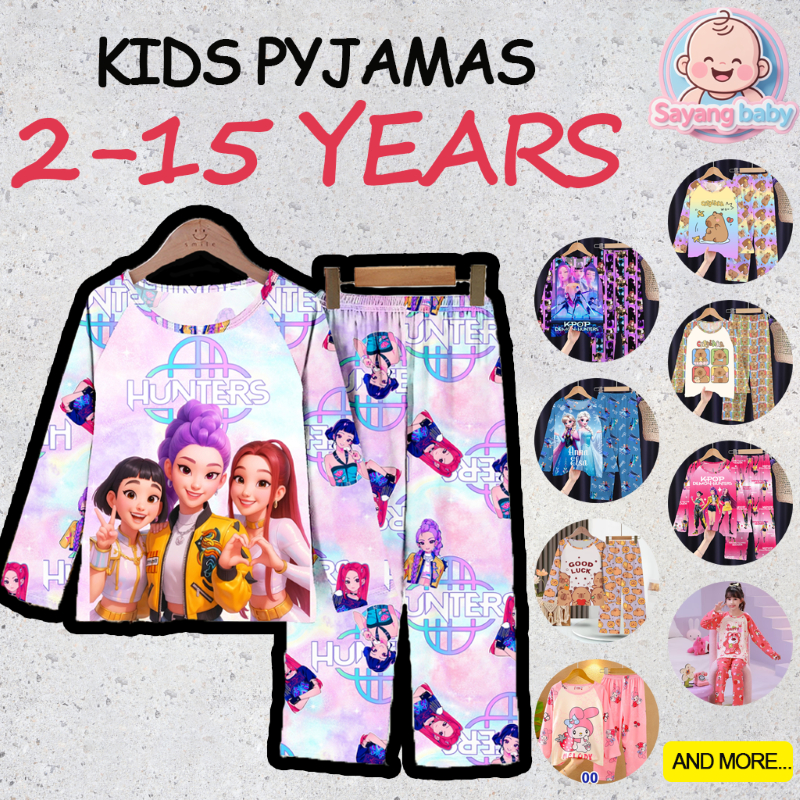 Girls Long - Sleeved Cartoon Pyjamas Baju Tidur Cotton Budak Perempuan Sleepwear Set Baju Tidur Anak