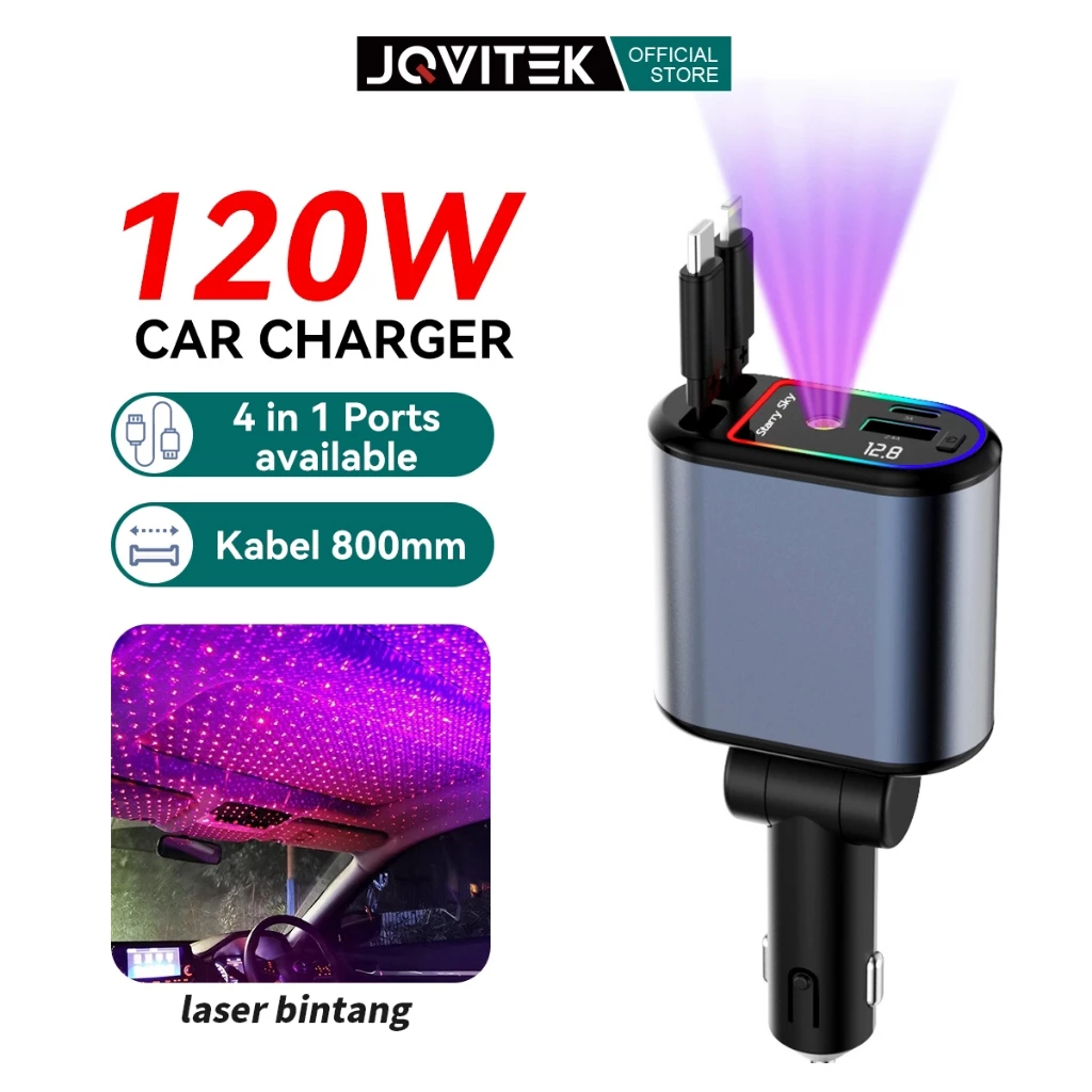 JQVITEK CC30 Retractable 4-in-1 Car Charger with Type-C and iOS Support, Retractable Cable for iPhone and Android