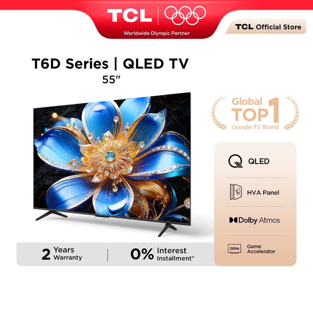 TCL 55 Inch QLED 4K Google TV with 120Hz Game Accelerator, Dolby Vision Atmos, HDR 10+, HVA Panel Televisyen 55T6D
