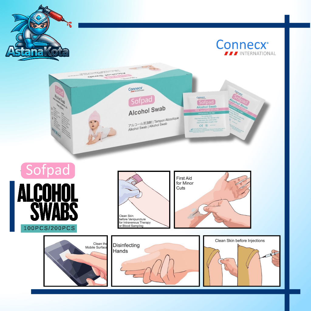 Connecx Alcohol Swab Softpad 75% Isopropyl [100pcs/200pcs] Sterile Pre-Pad Wipe - Untuk Klinik, First Aid, Kucing & LHDN