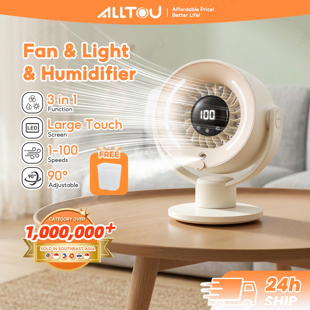 ALLTOU 3 In 1 Desktop Fan Big Humidifier Fan With LED Display Table Fan 90°Auto Rotate 15H Long Lasting Kipas 电风扇