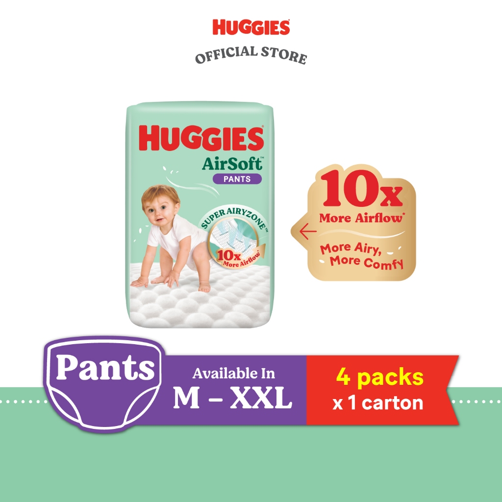 [Bundle of 4] HUGGIES AirSoft Pants M46/L36/XL30/XXL24 - Breathable and Soft Premium Diapers for Baby