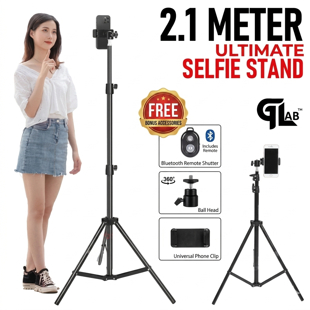 【READY STOCK】 Portable 210cm Tripod for Phone Adjustable Floor Stand Live Camera Selfie Holder 2.1m + Remote Shutter