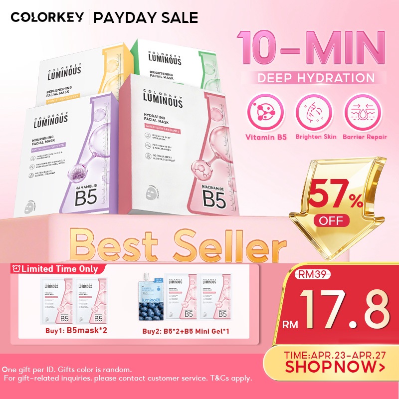 COLORKEY Luminous B5 Facial Serum Mask 10ea Deep Hydrating&Brightening 10-Min Daily Sheet Mask Niacinamide Glycyrrhiza