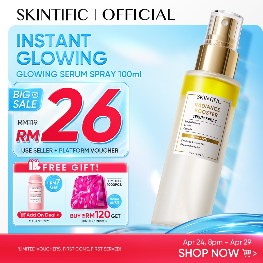 [NO.1]SKINTIFIC Radiance Booster Serum Spray 100ml Essence Skincare Glossy Hydration Radiance Serum Muka Centella